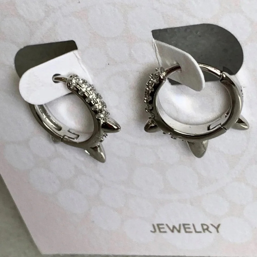 COPY - Sterling Silver Spike Crystal Huggie Hoop Earrings - Picture 2 of 5
